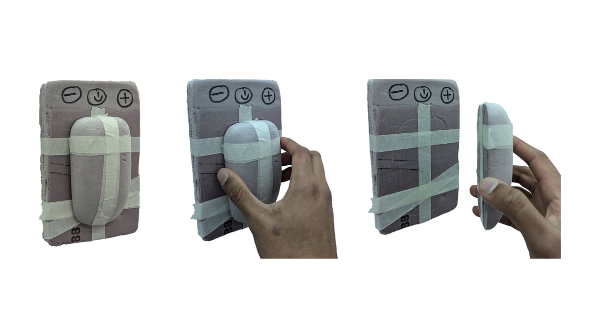 Three photos of gray foam prototypes taped together with buttons, shown in hand