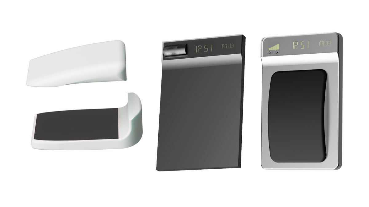White-background CAD render of the Airo housing: a white top cap, a dark rear panel with LCD clock display and a front view with a black glass panel