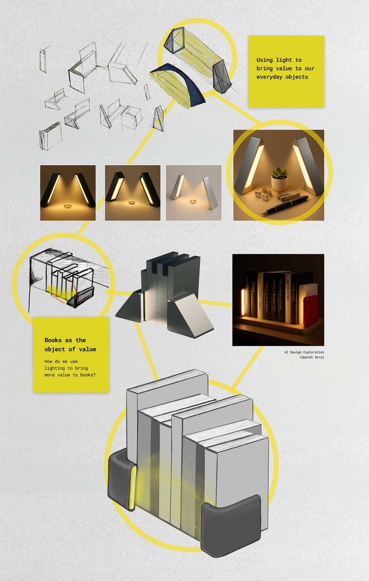 Tall concept board for the book-light bookend: ideation sketches, glowing wedge light prototypes, and a render of a bookend with books, with yellow