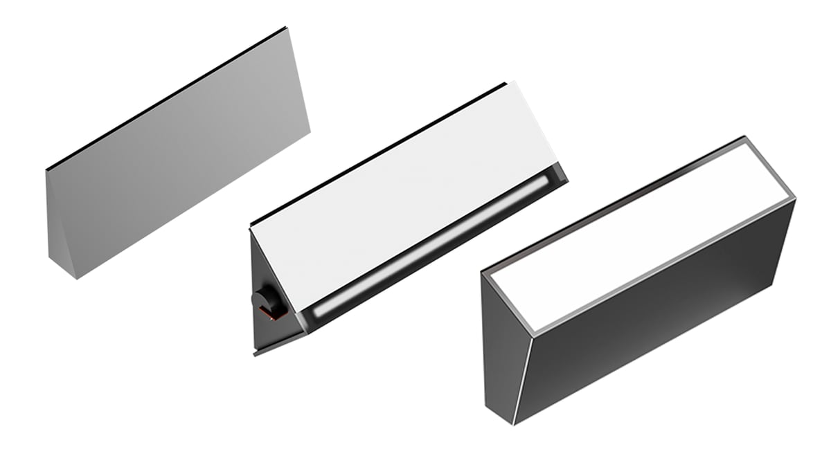 White-background render of three wedge-shaped defogger housing parts, one gray, one white with a dark bar and one open black shell