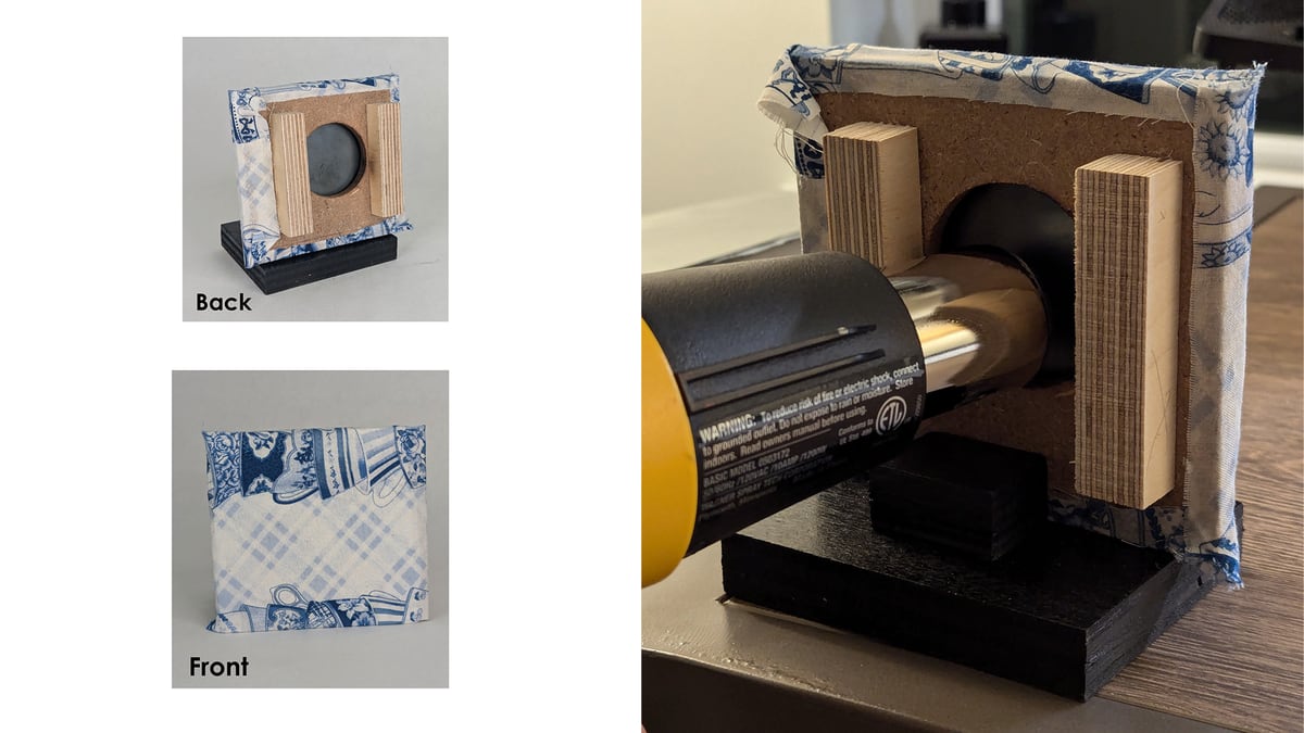Composite of a foam and wood prototype front and back faces on a blue-patterned wrap, and a close shot of the prototype with a hair dryer and wood