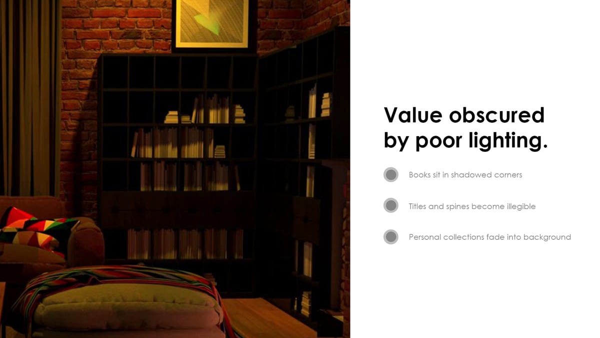 Slide: dimly lit bookshelf photo on left