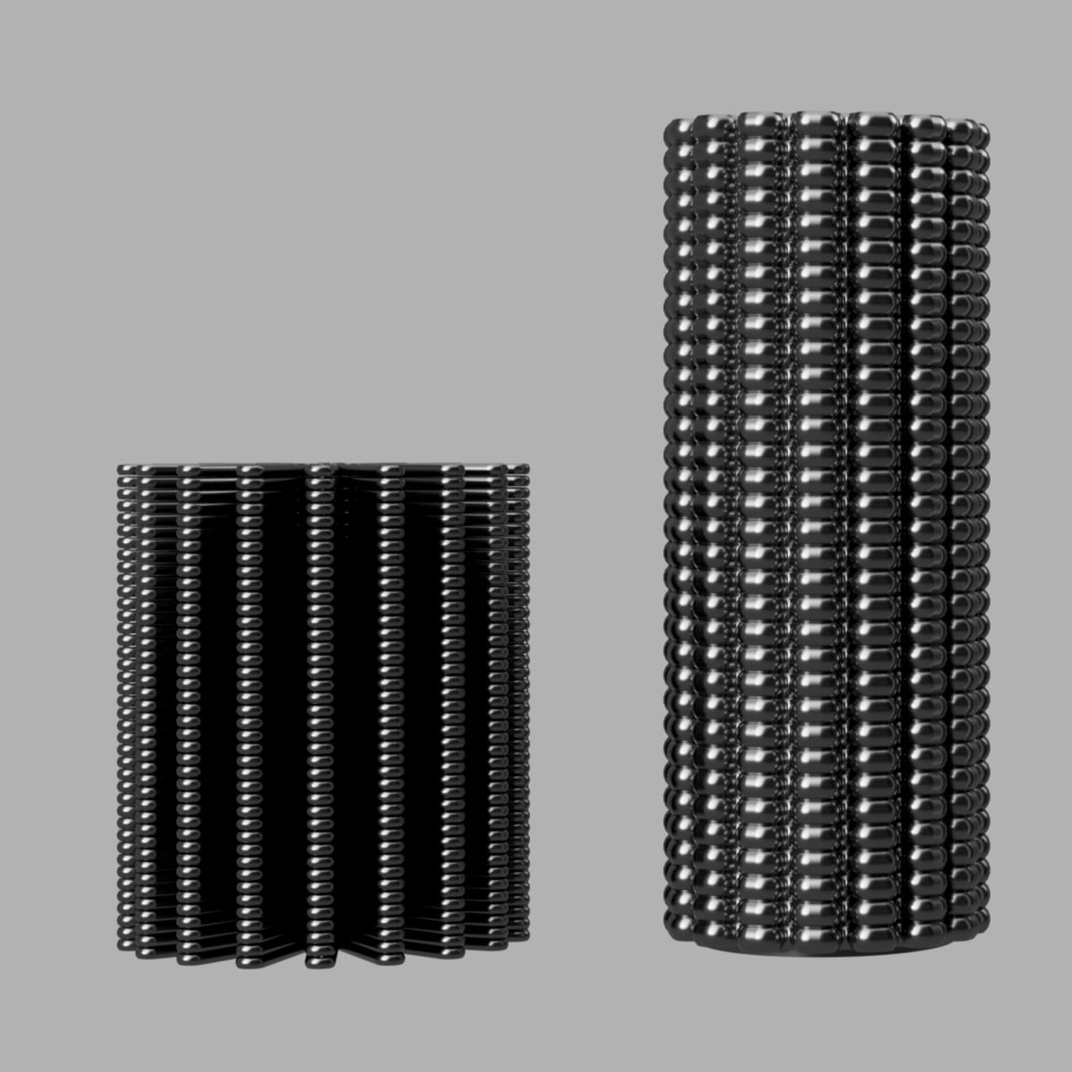 Renders of two black ribbed cylinder form studies on a grey background