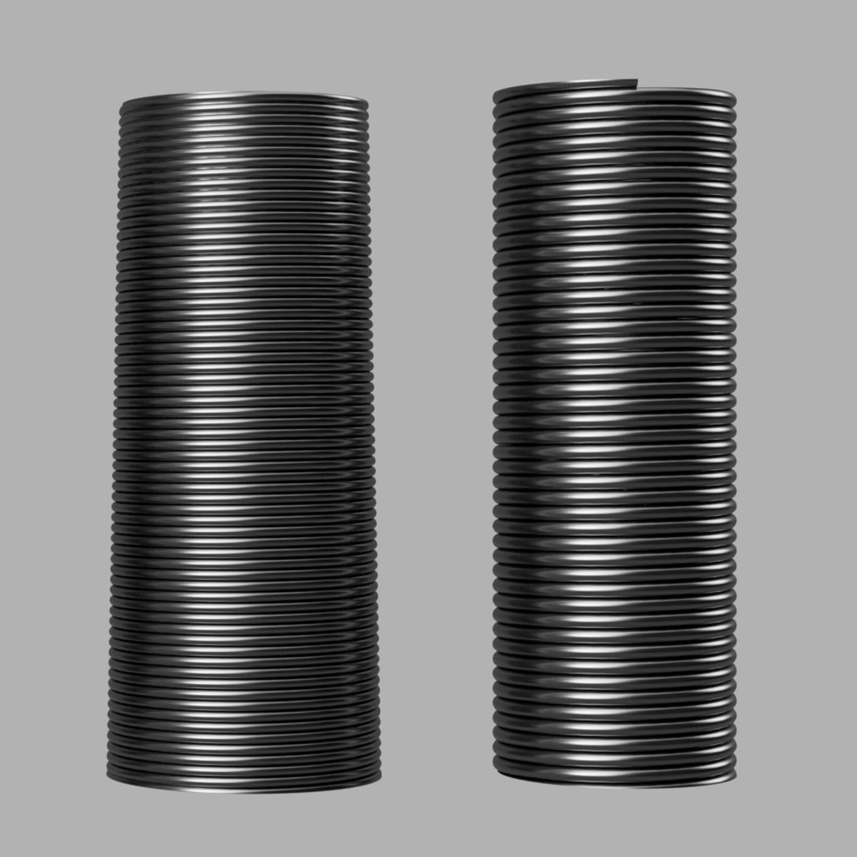 Renders of two black coiled cylinder form studies on a grey background