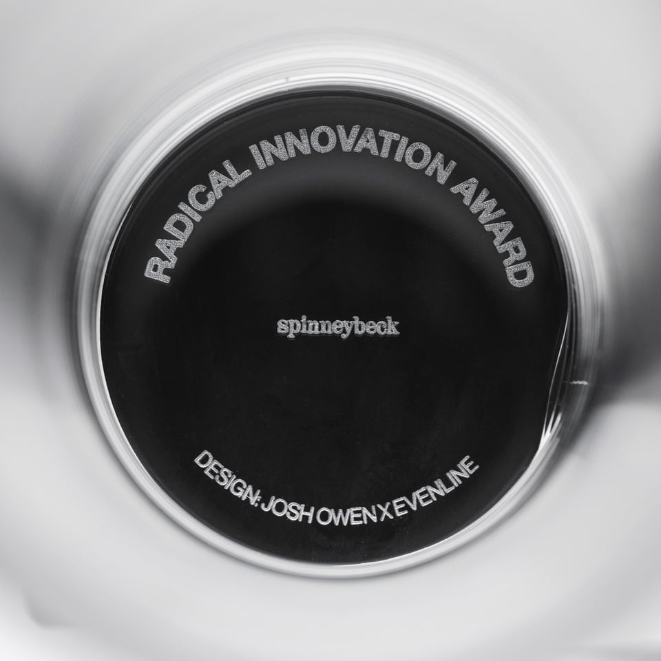 Top view of an engraved black disc on glass labeled Radical Innovation Award