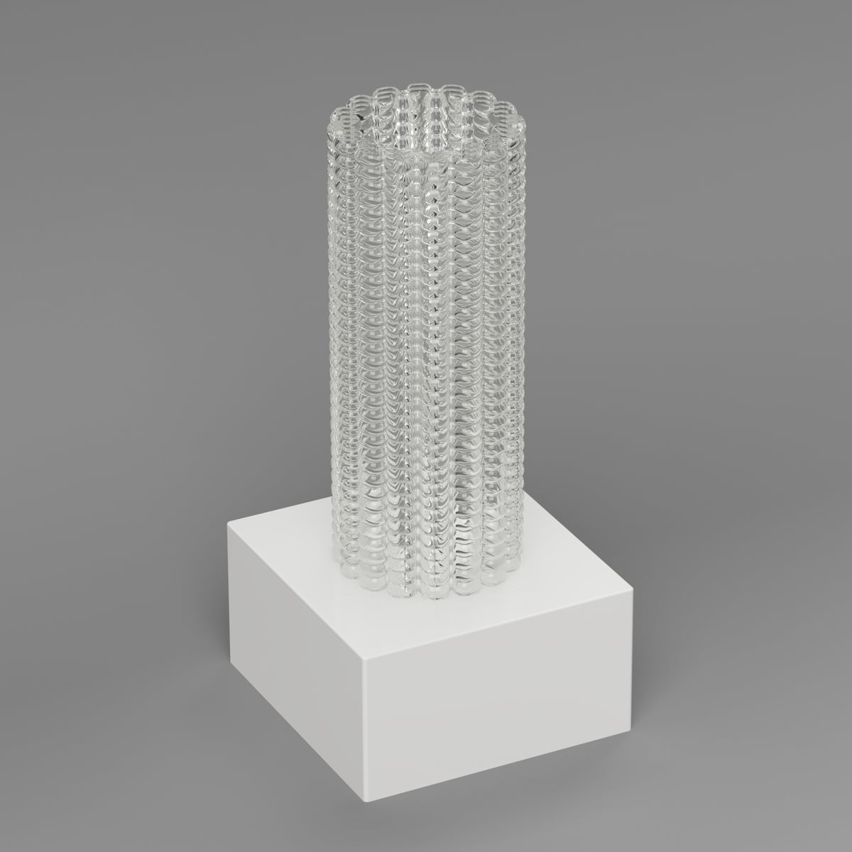 Render of a clear ribbed glass cylinder on a white plinth