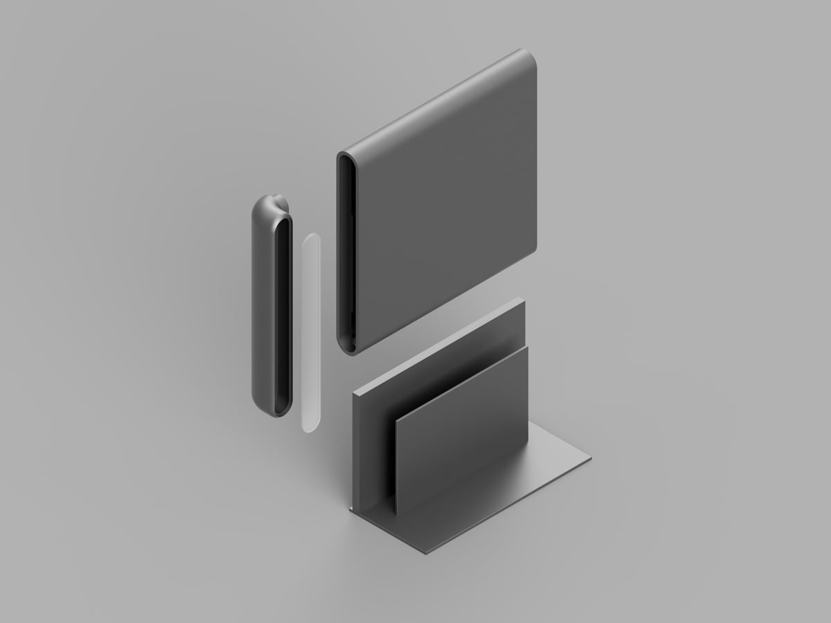 Gray studio render of a dark gray bookend with a vertical light strip and a front slot plate, three-quarter view