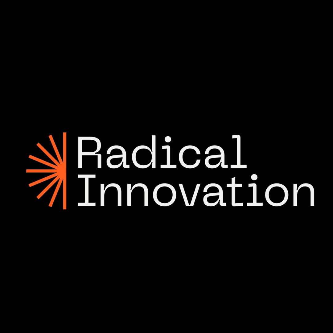 Orange sunburst logo with 'Radical Innovation' wordmark in white on black