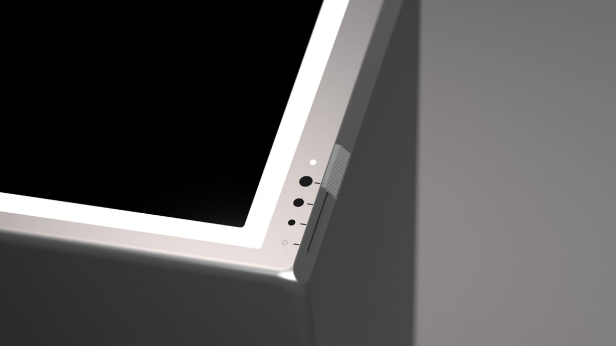 Close-up of Airo corner with glowing white LED outline and a row of small indicator lights