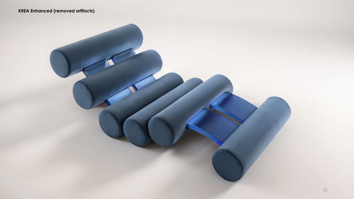Blue cylindrical-cushion chaise render with KREA-enhanced artifacts removed