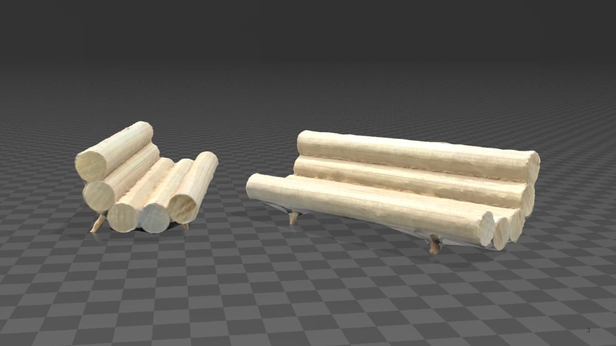 3D-scan view of the wooden models on a checkered ground