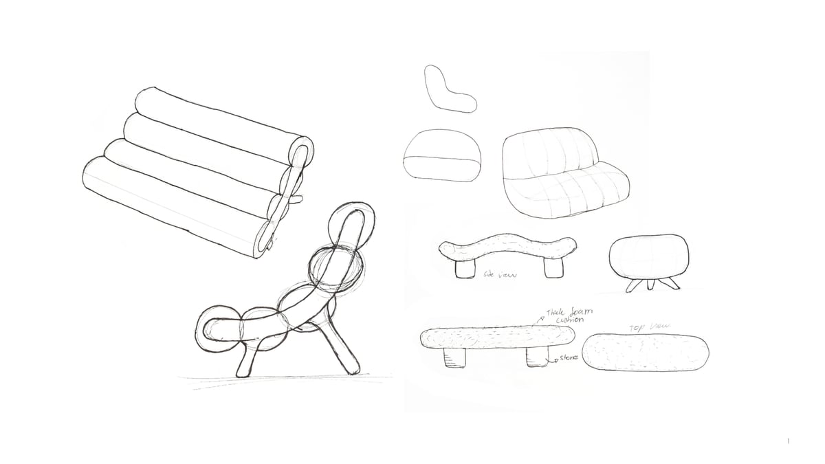 Pencil sketches of stacked-cylinder chair and sofa concepts, no text