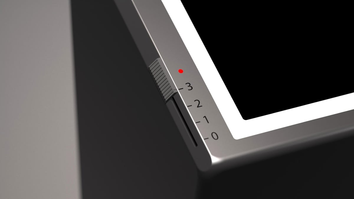 Macro of Airo top corner with glowing white LED border, dark screen and a 0-3 level slider